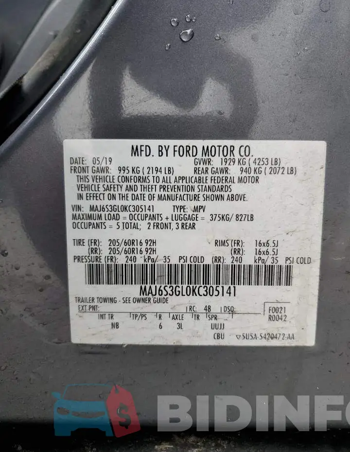 MAJ6S3GL0KC305141 Photo# 13