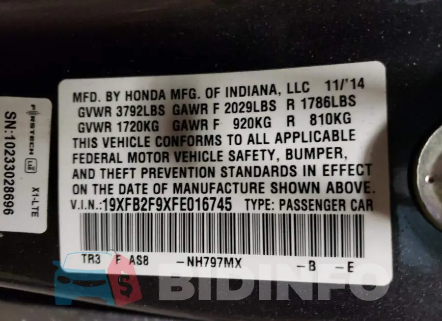 19XFB2F9XFE016745 Photo# 12