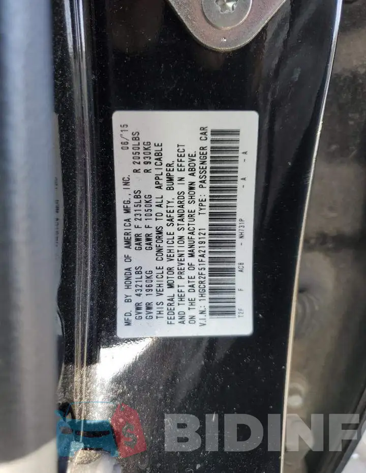 1HGCR2F51FA219121 Photo# 12