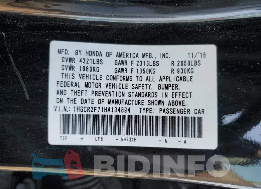 1HGCR2F71HA104894 Photo# 12