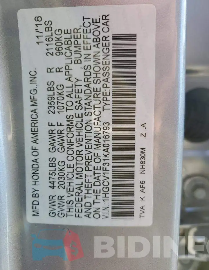 1HGCV1F31KA016793 Photo# 12
