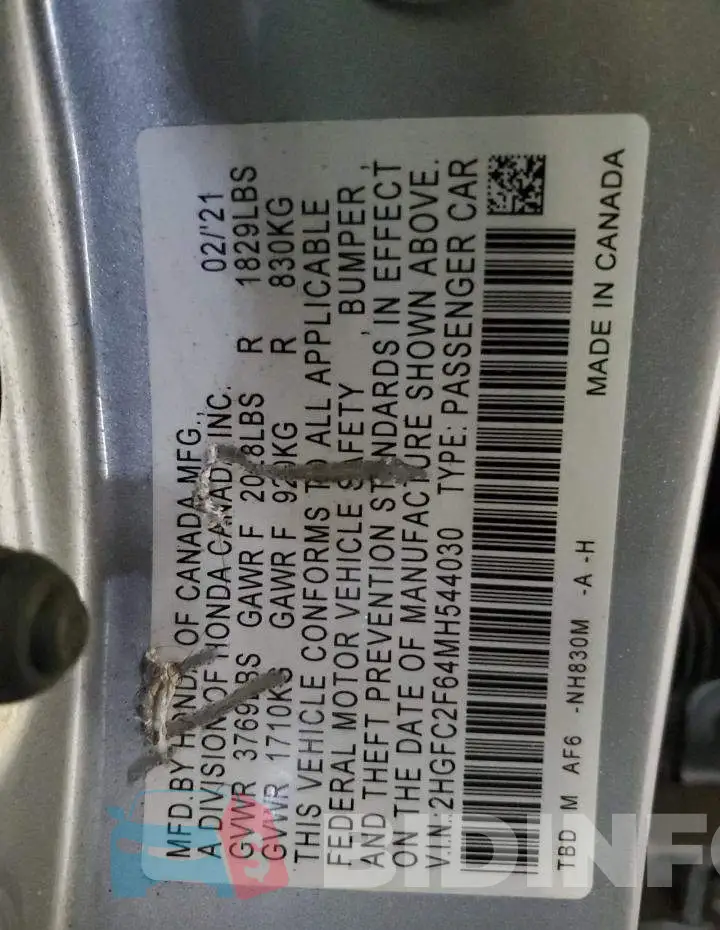 2HGFC2F64MH544030 Photo# 12