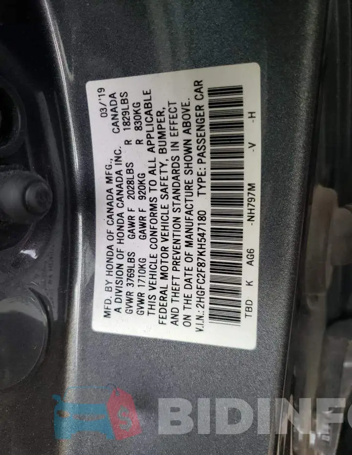 2HGFC2F87KH547180 Photo# 12