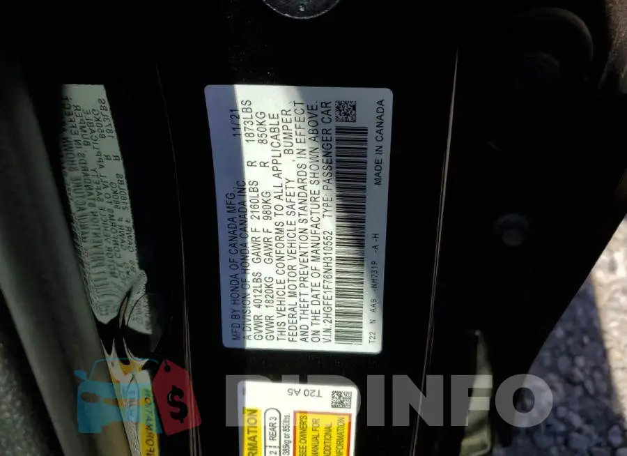 2HGFE1F76NH310552 Photo# 12