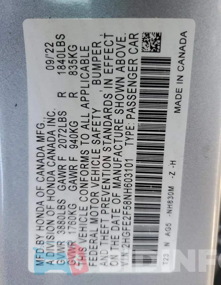 2HGFE2F58NH603101 Photo# 12