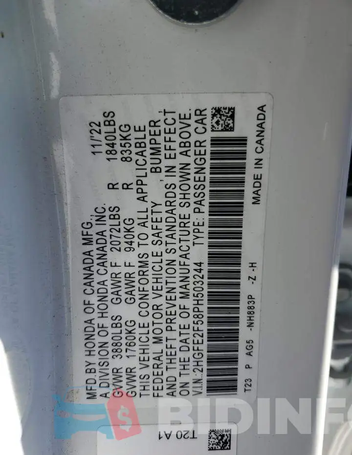 2HGFE2F58PH503244 Photo# 12