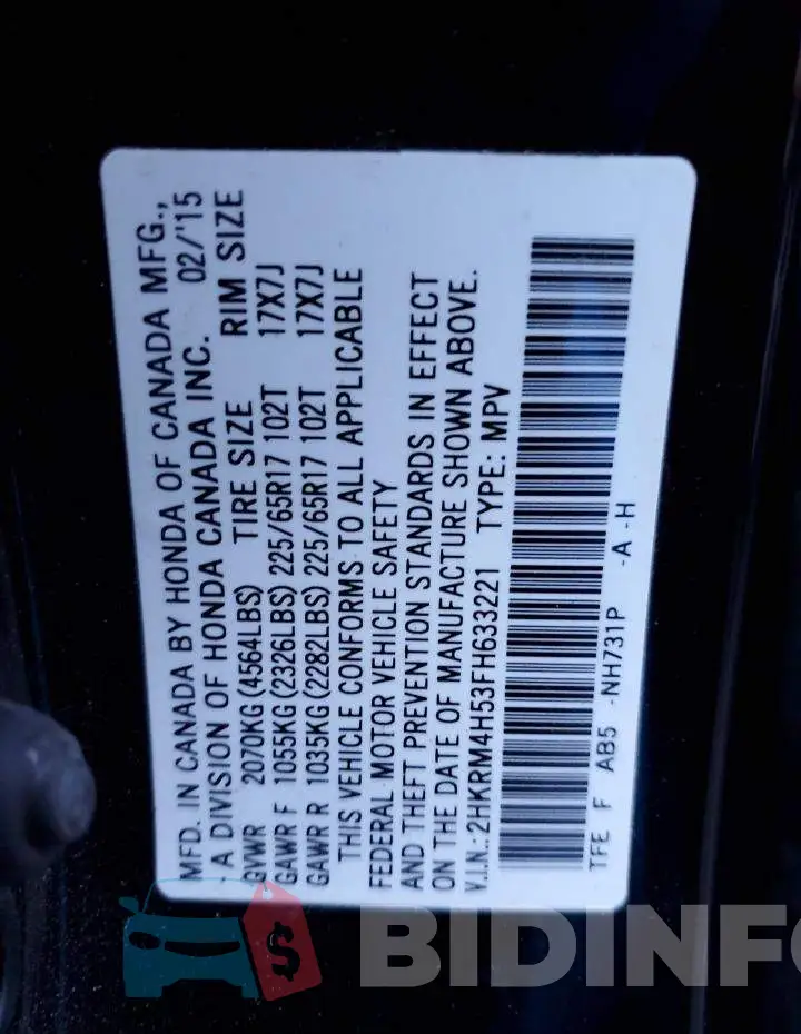 2HKRM4H53FH633221 Photo# 14