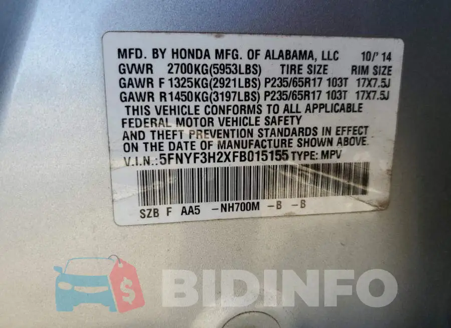 5FNYF3H2XFB015155 Photo# 12