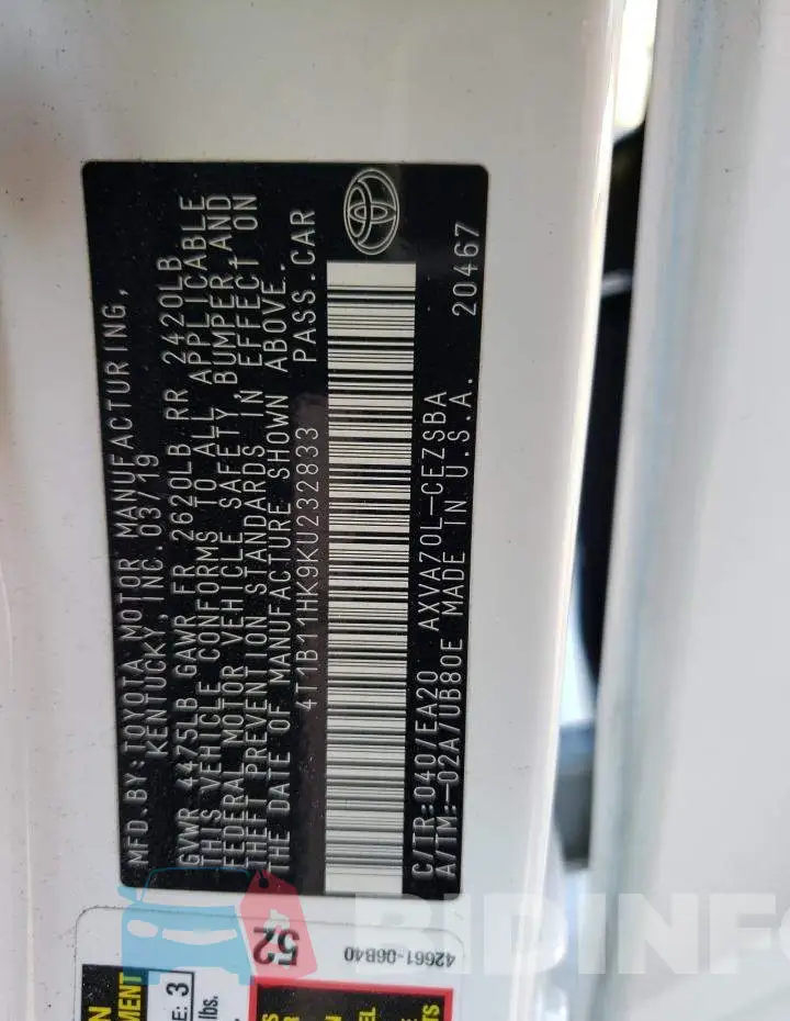 4T1B11HK9KU232833 Photo# 13