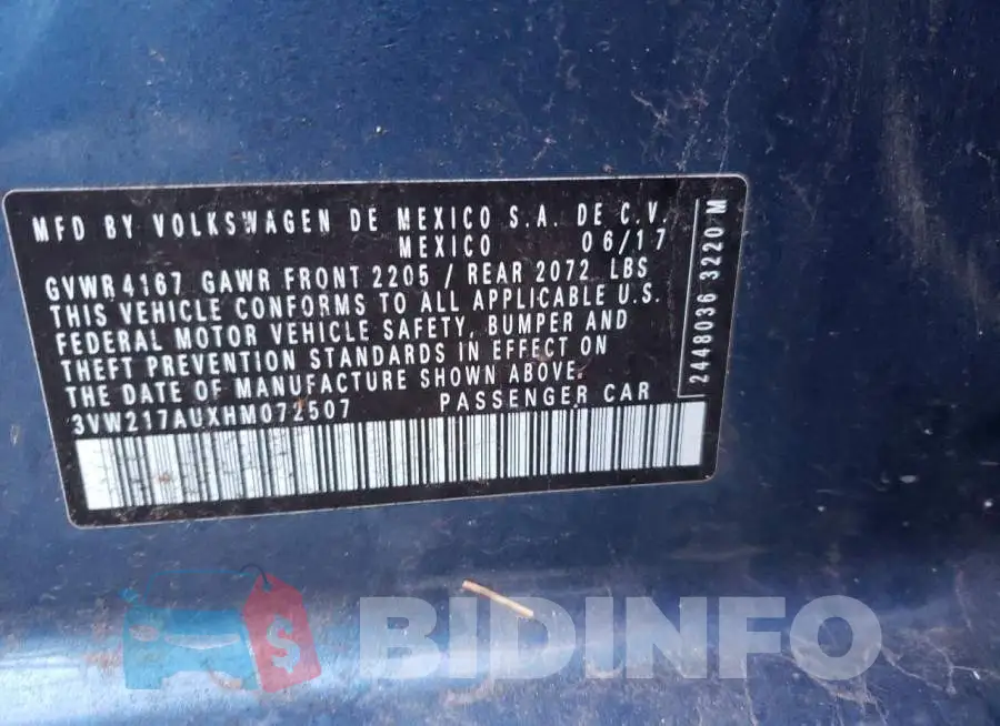 3VW217AUXHM072507 Photo# 12
