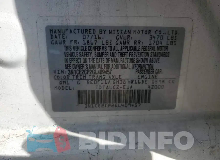 3N1CE2CP2GL409457 Photo# 12