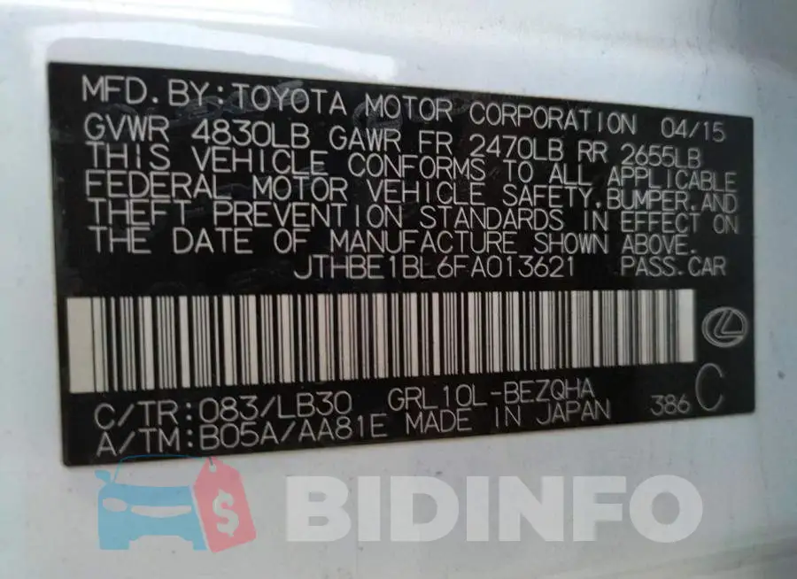 JTHBE1BL6FA013621 Photo# 12