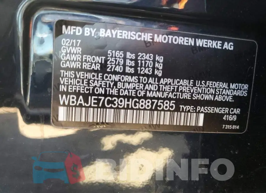 WBAJE7C39HG887585 Photo# 12