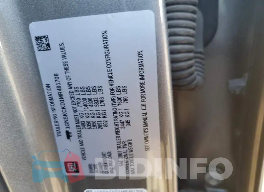 1GNSKCKD1MR491708 Photo# 13