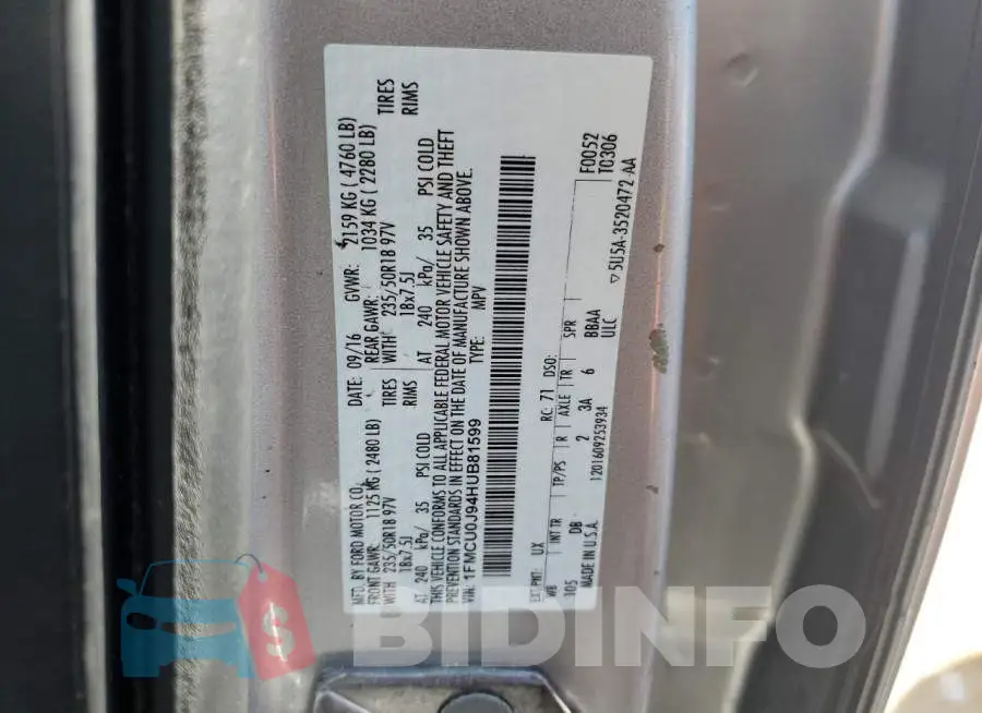 1FMCU0J94HUB81599 Photo# 14