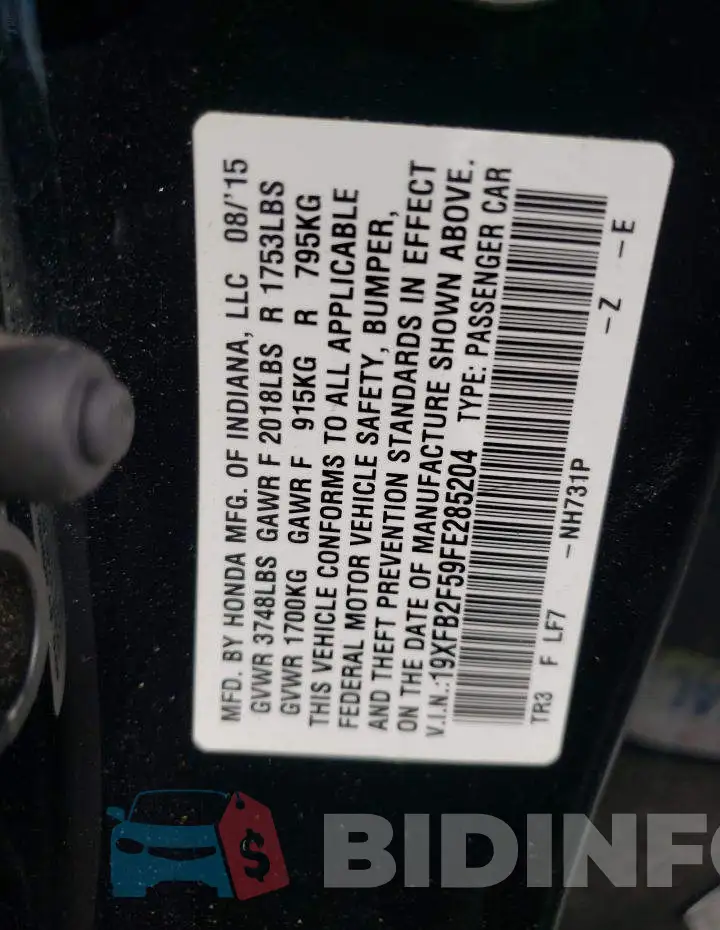 19XFB2F59FE285204 Photo# 12