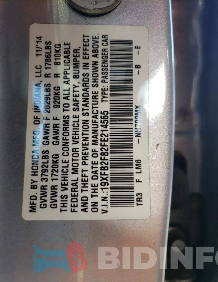 19XFB2F82FE214565 Photo# 12