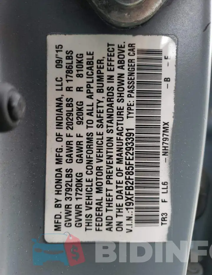 19XFB2F85FE293391 Photo# 12