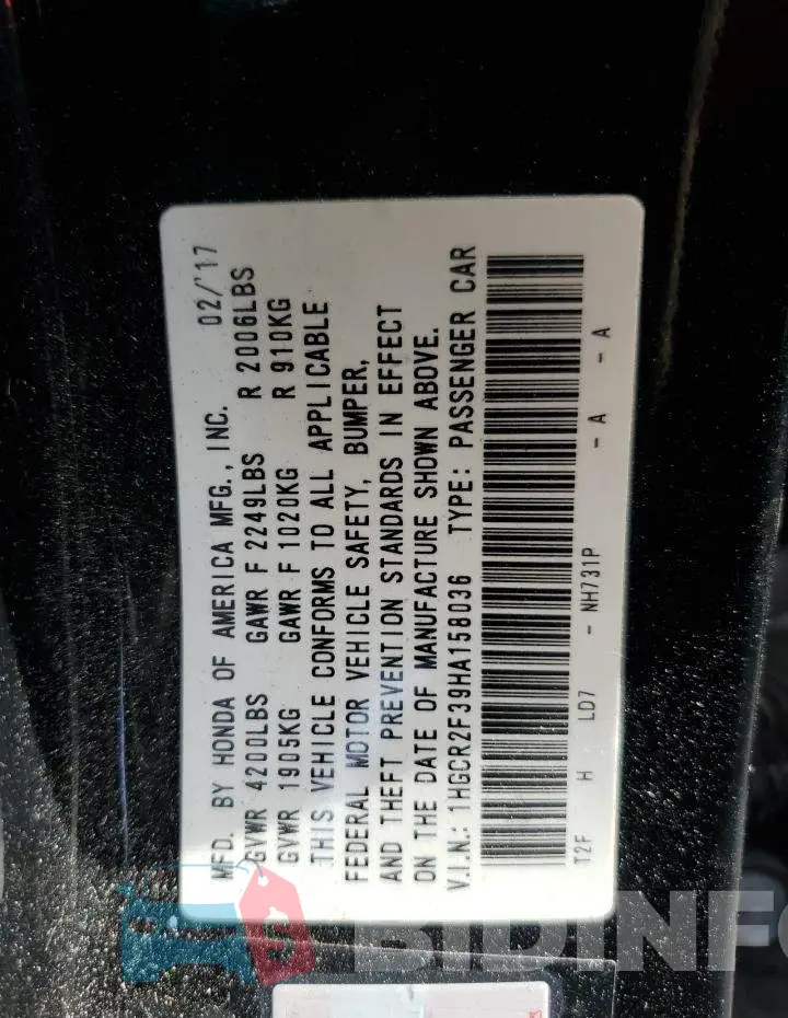 1HGCR2F39HA158036 Photo# 12