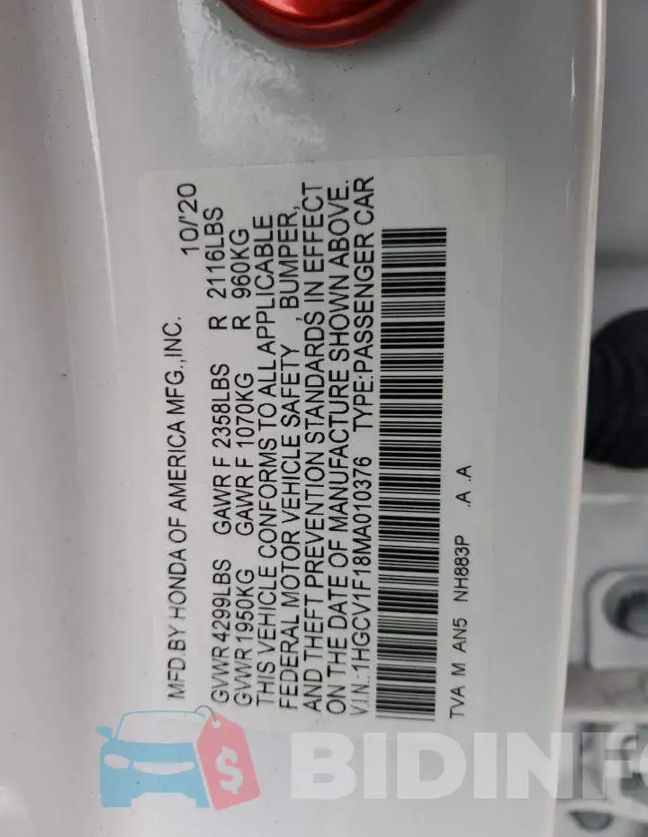 1HGCV1F18MA010376 Photo# 12