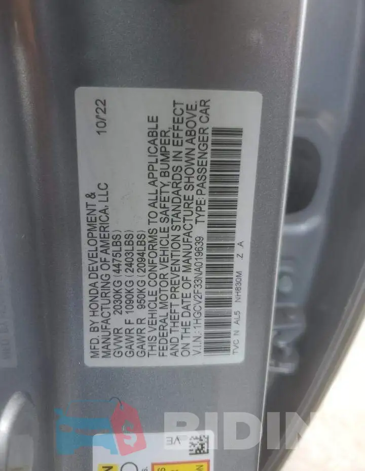 1HGCV2F33NA019639 Photo# 12