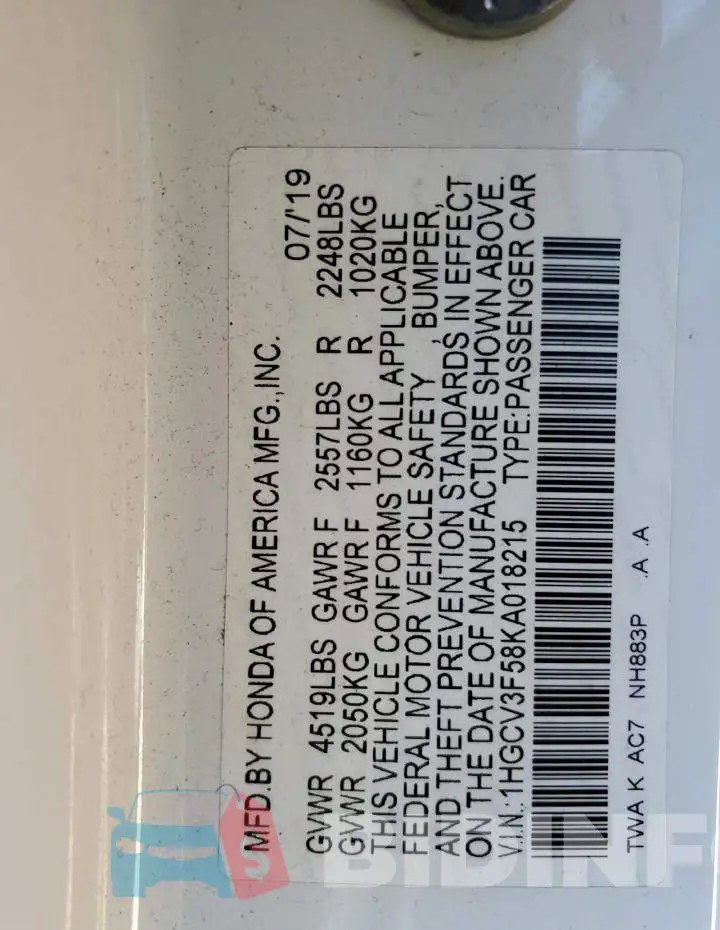 1HGCV3F58KA018215 Photo# 12
