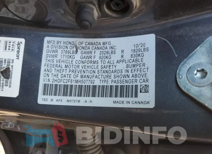 2HGFC2F61MH507792 Photo# 12