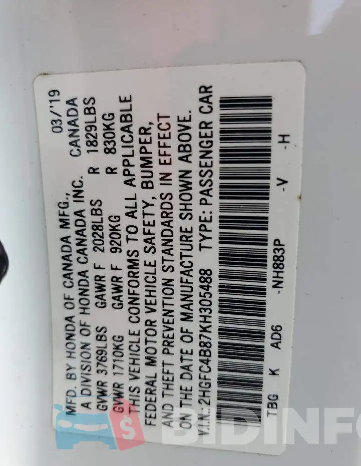 2HGFC4B87KH305488 Photo# 12