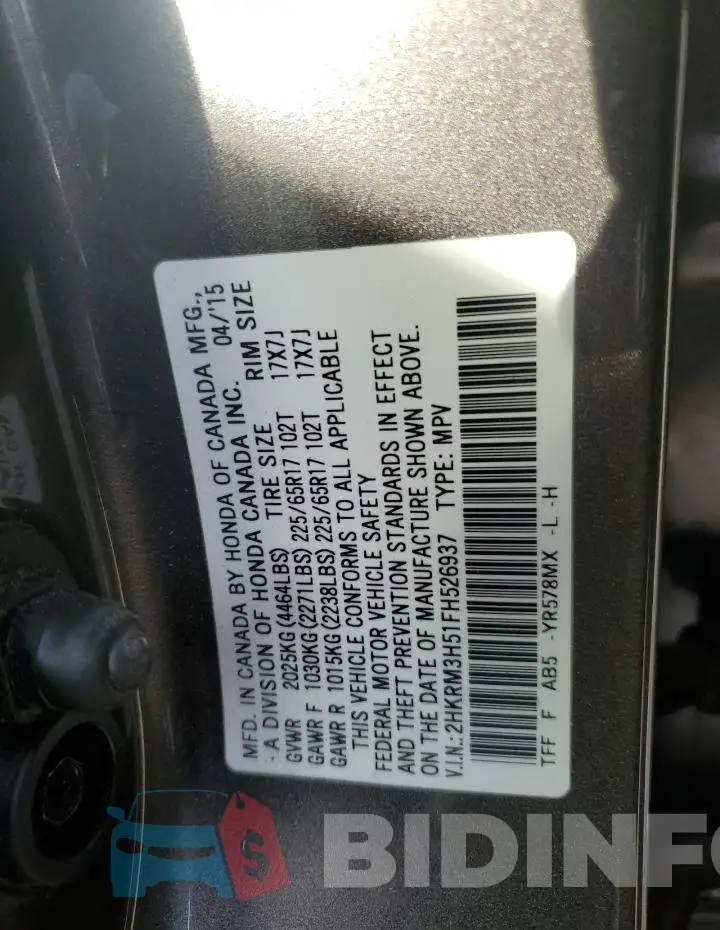 2HKRM3H51FH526937 Photo# 12