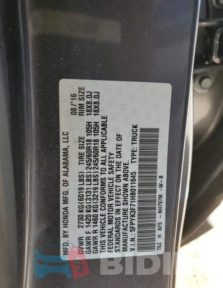 5FPYK3F71HB011645 Photo# 12