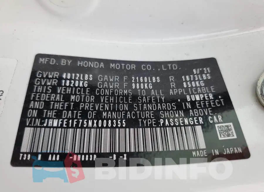 JHMFE1F75NX008355 Photo# 12