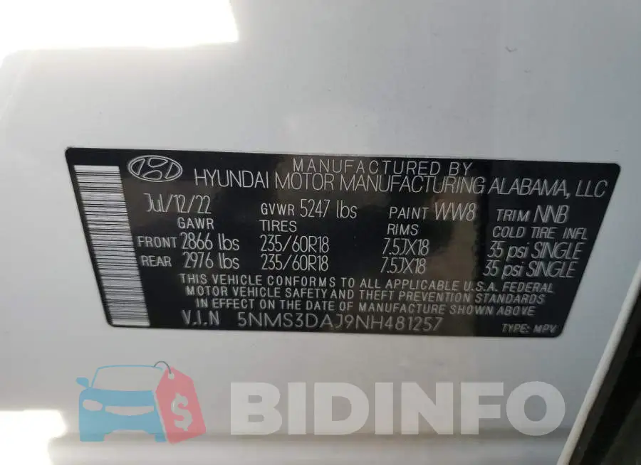 5NMS3DAJ9NH481257 Photo# 13
