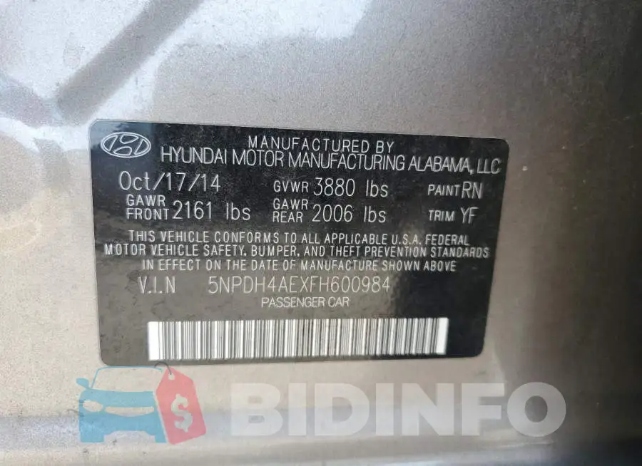 5NPDH4AEXFH600984 Photo# 12