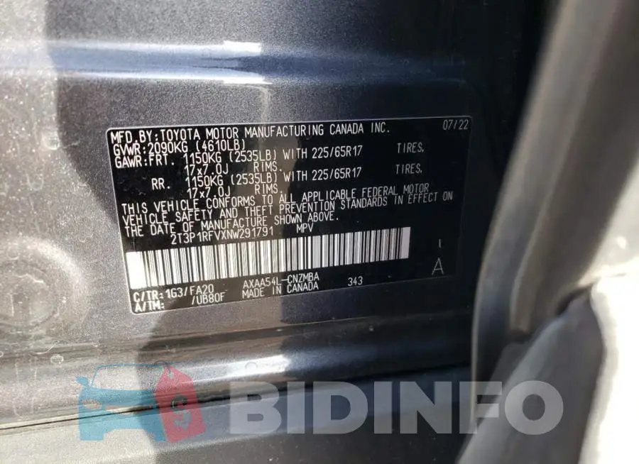 2T3P1RFVXNW291791 Photo# 13