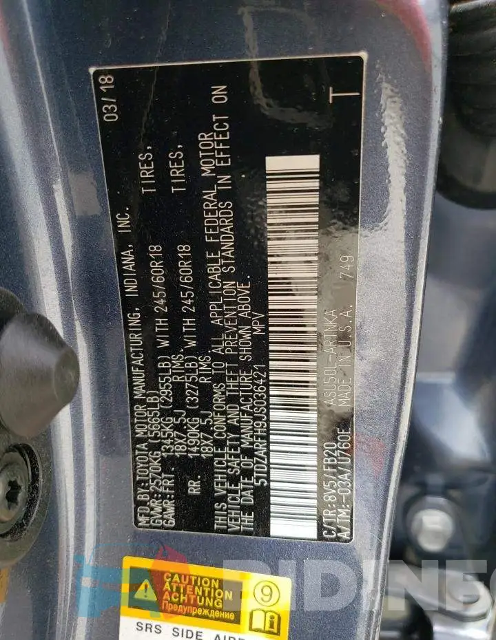 5TDZARFH9JS036421 Photo# 14