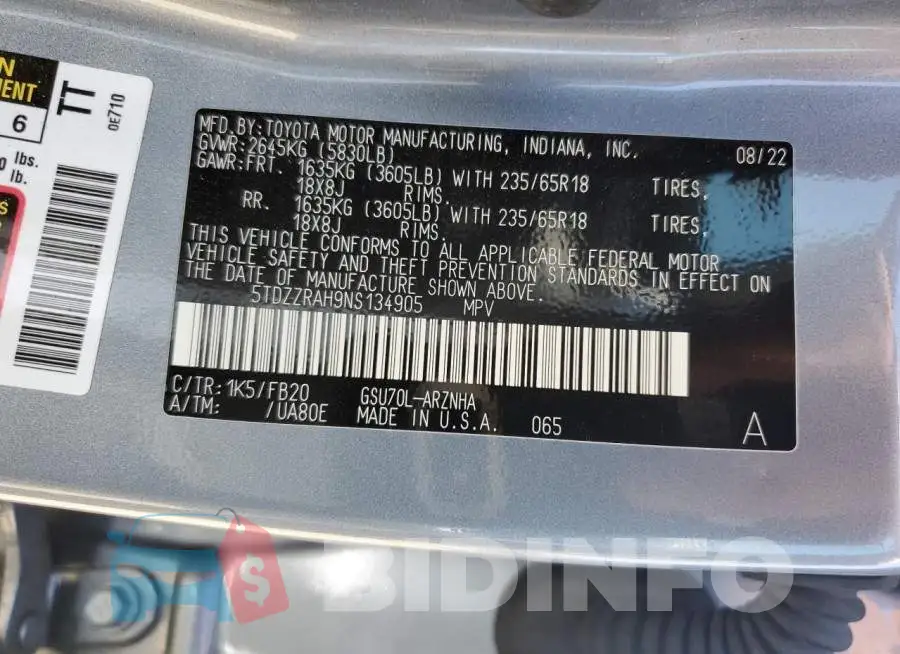 5TDZZRAH9NS134905 Photo# 14
