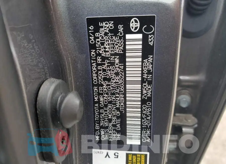 JTDKBRFU6G3522741 Photo# 12