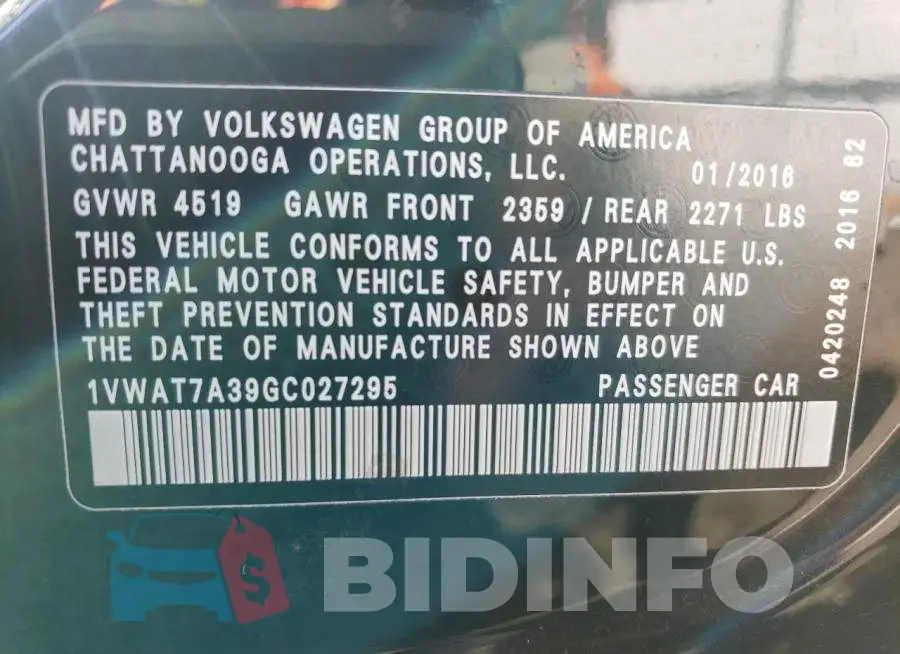 1VWAT7A39GC027295 Photo# 12