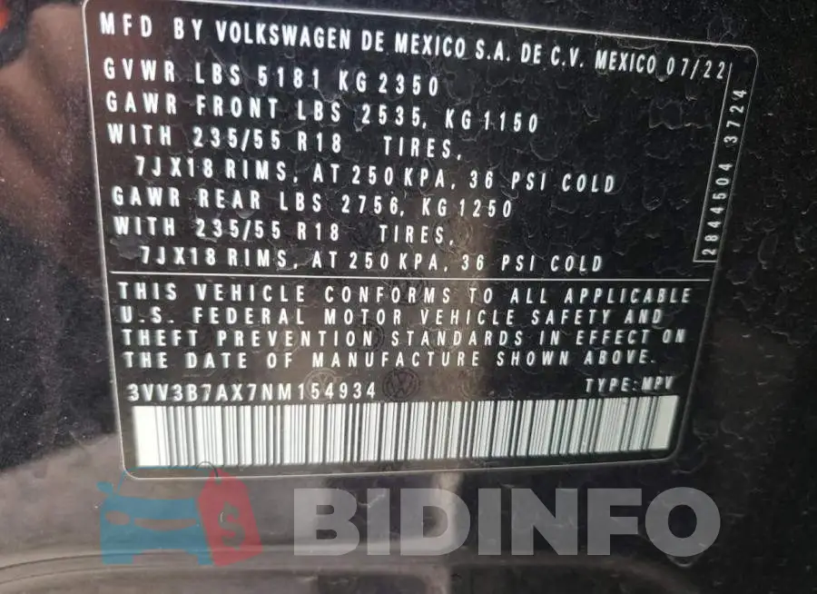 3VV3B7AX7NM154934 Photo# 13