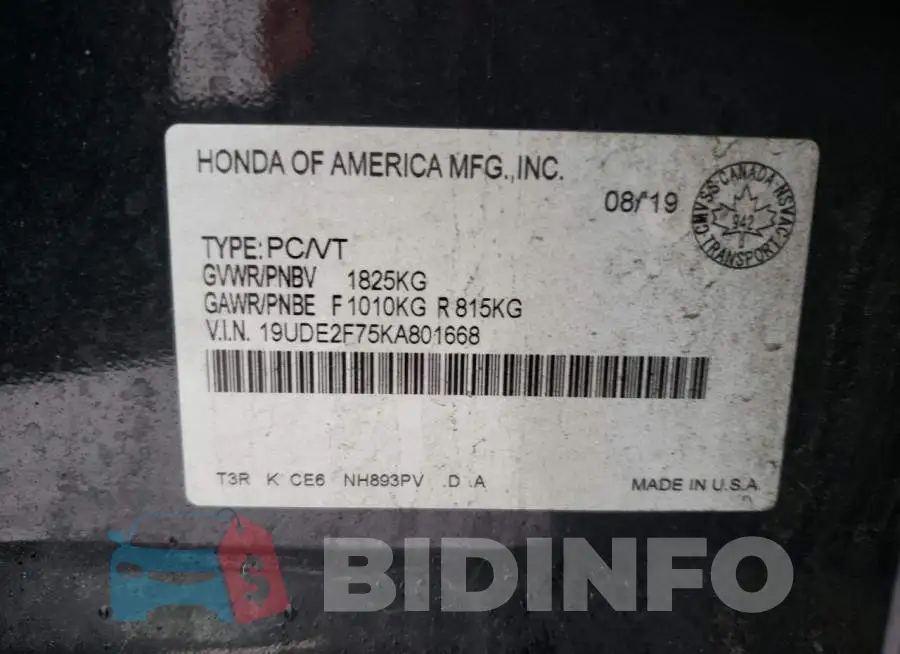 19UDE2F75KA801668 Photo# 13