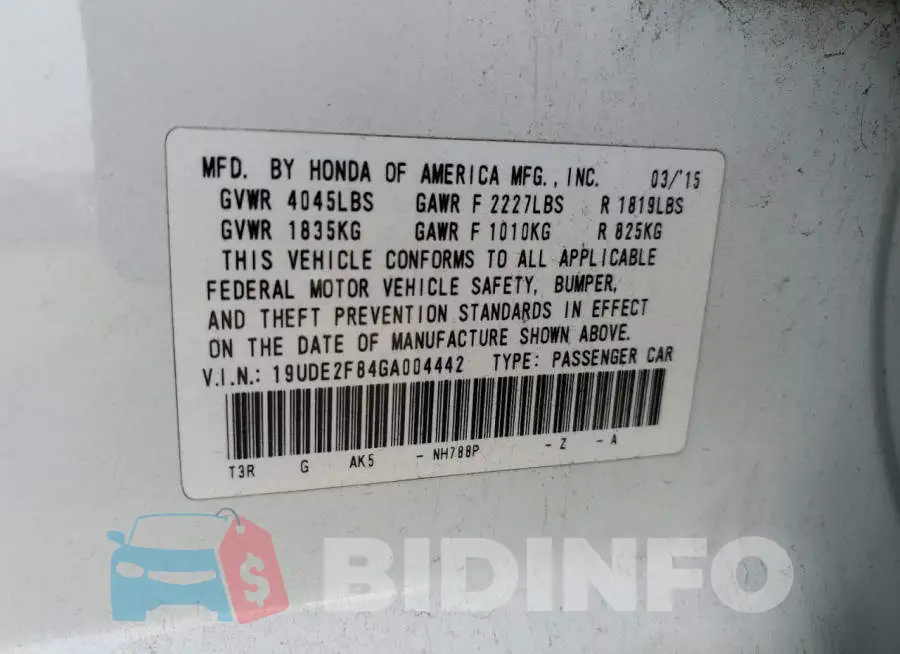 19UDE2F84GA004442 Photo# 12