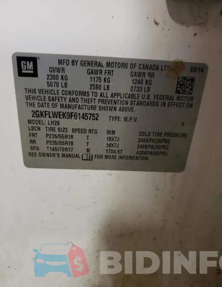2GKFLWEK9F6145752 Photo# 13