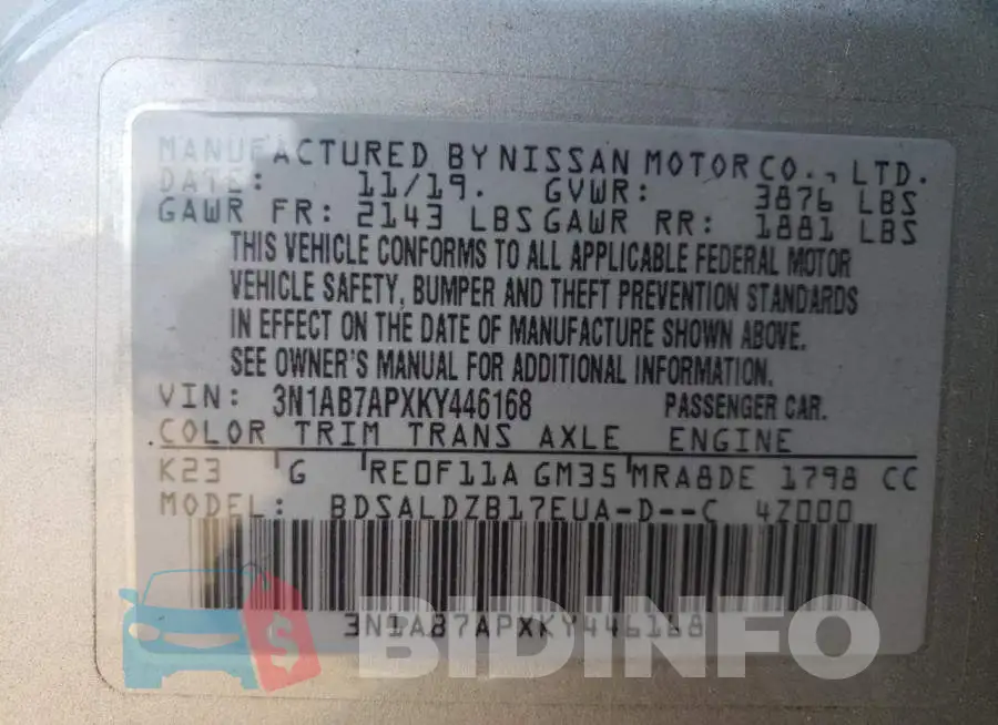 3N1AB7APXKY446168 Photo# 13