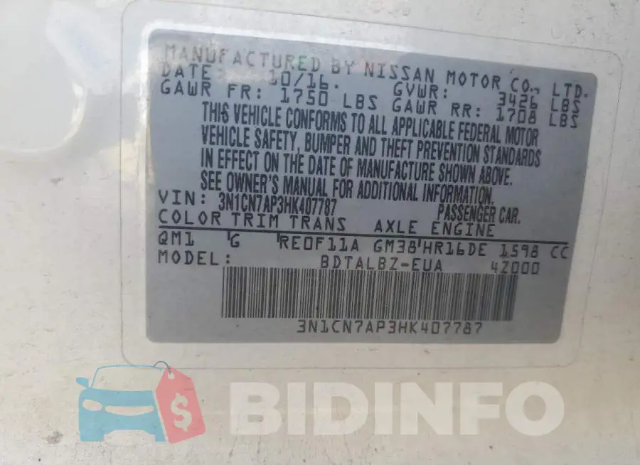 3N1CN7AP3HK407787 Photo# 13
