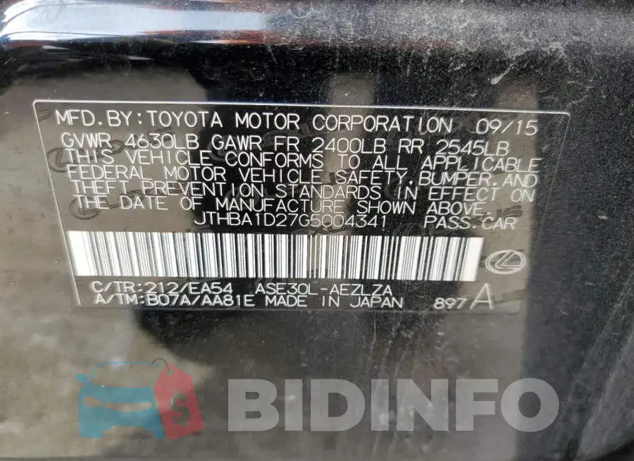 JTHBA1D27G5004341 Photo# 12