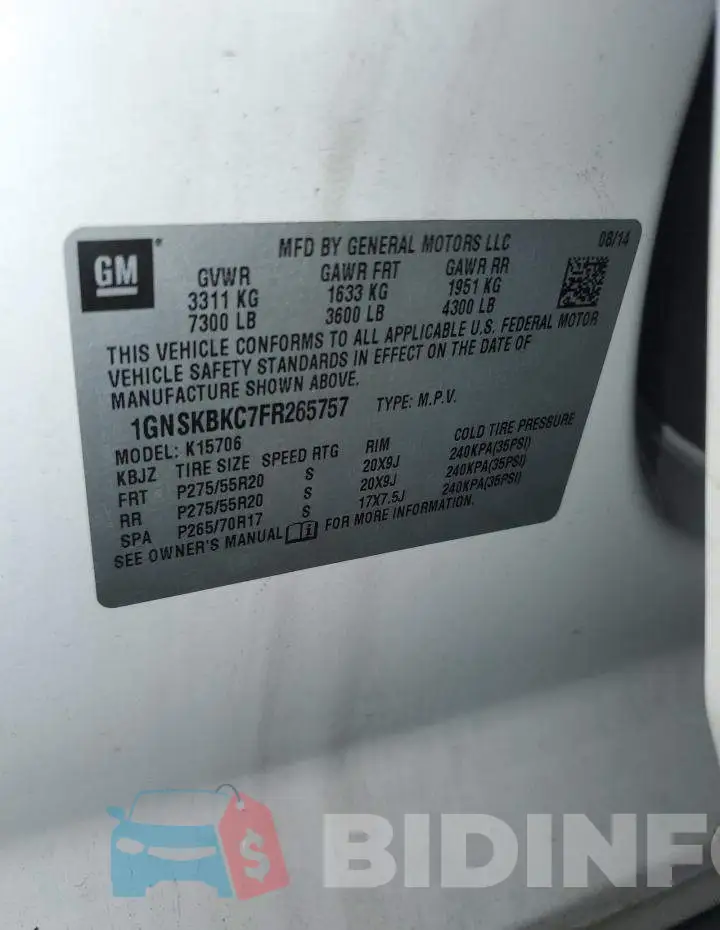 1GNSKBKC7FR265757 Photo# 13