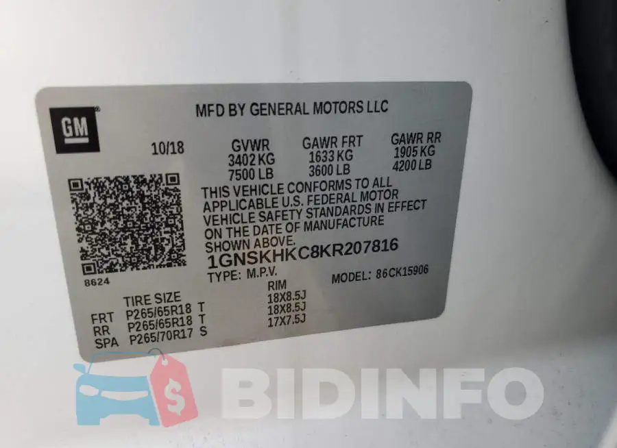 1GNSKHKC8KR207816 Photo# 13