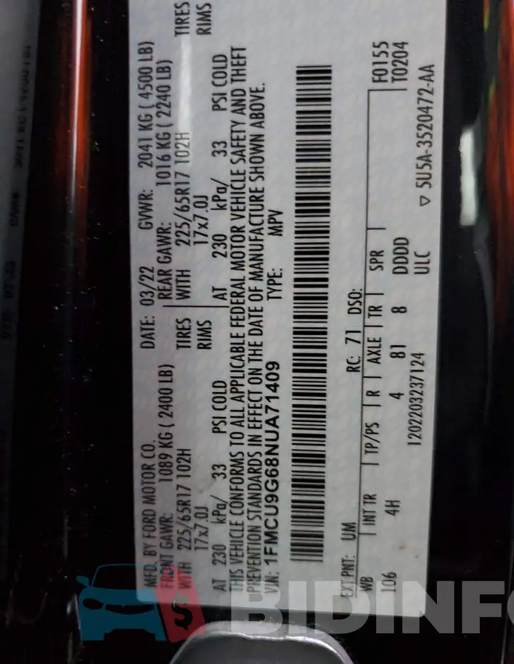 1FMCU9G68NUA71409 Photo# 13
