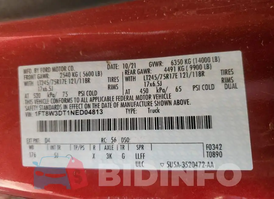 1FT8W3DT1NED04813 Photo# 10
