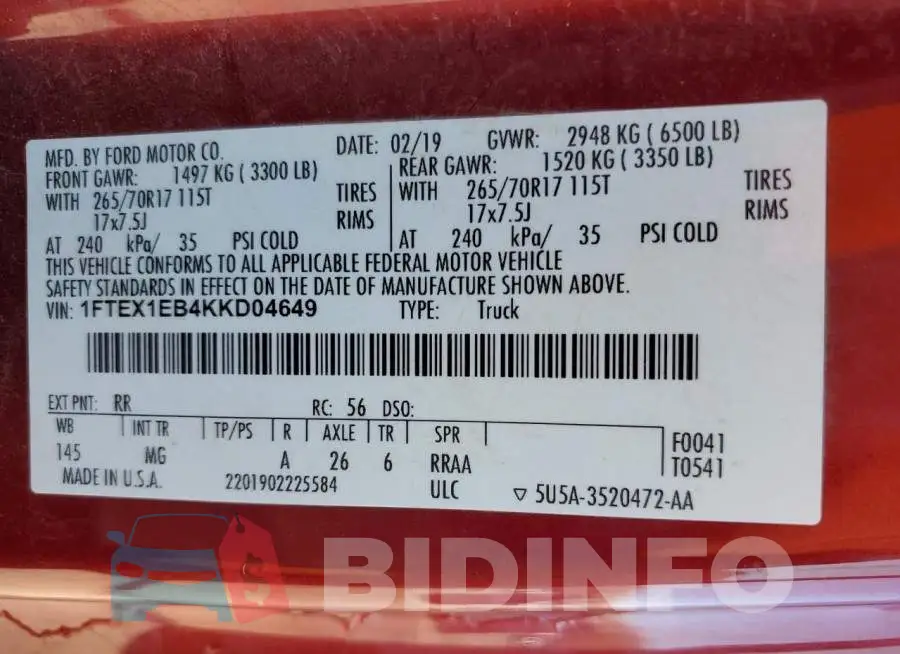 1FTEX1EB4KKD04649 Photo# 13
